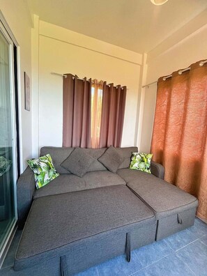 A grey sectional sofa with two pillows, a glass door, and curtains.