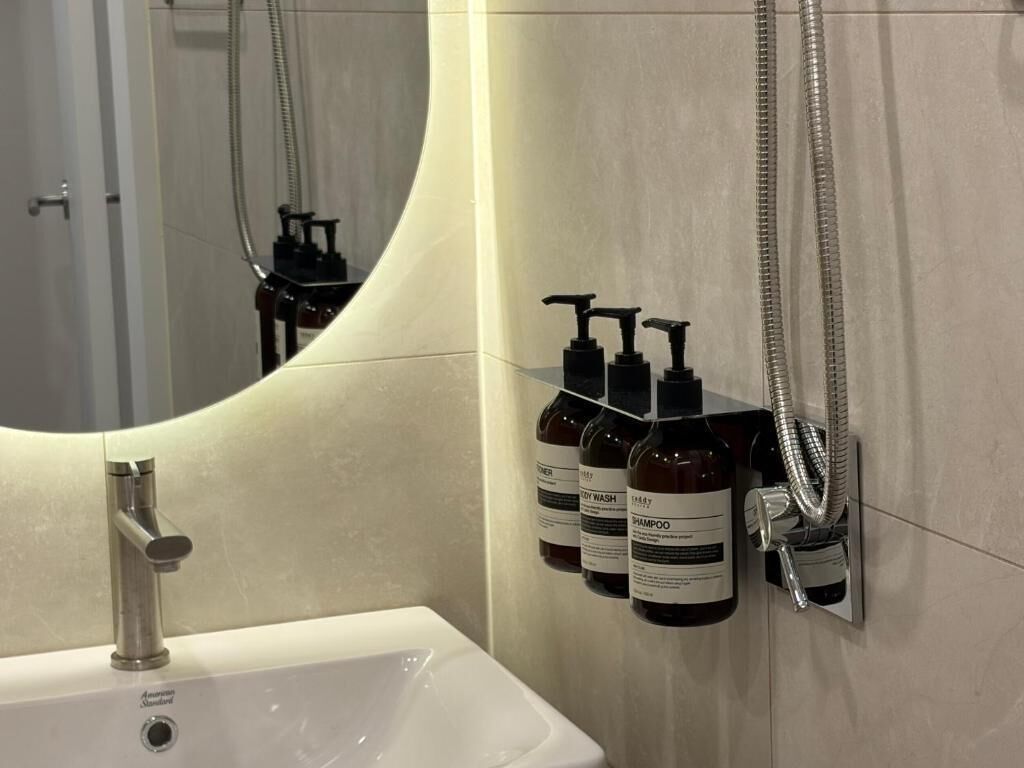 A bathroom with a sink, mirror, and wall-mounted shampoo bottles.