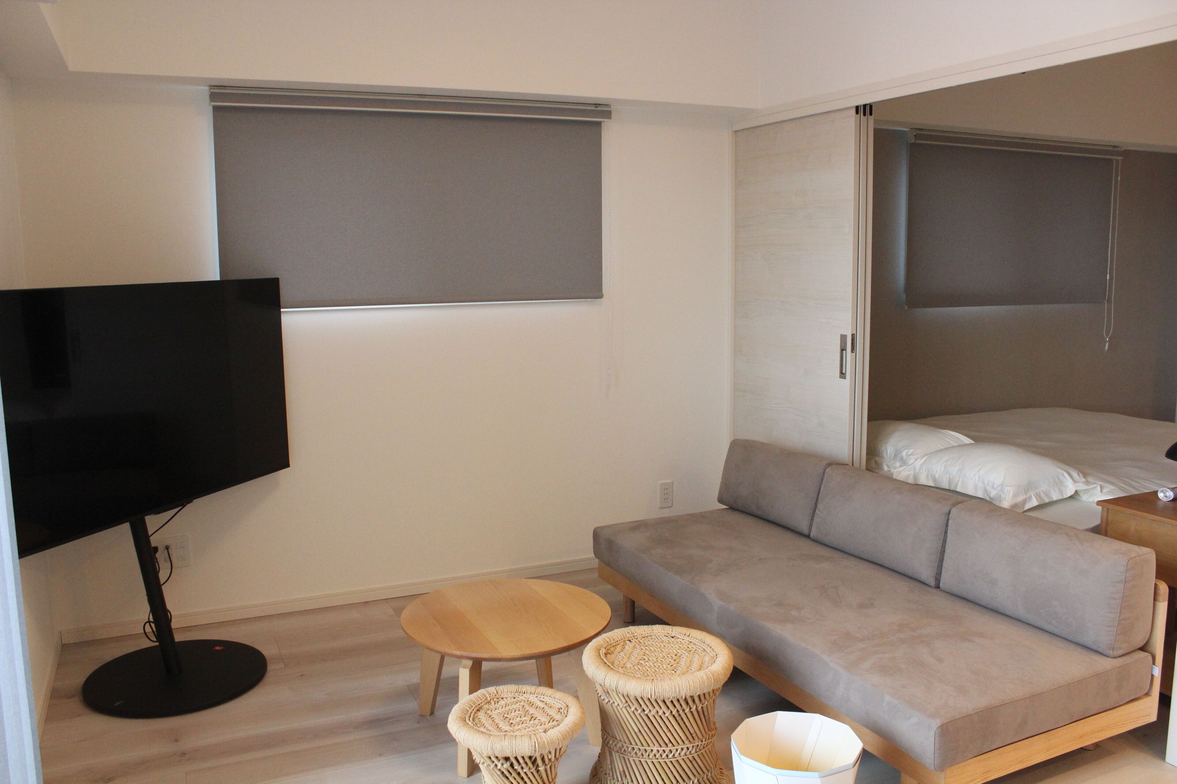 Un espace de vie moderne et compact, comprenant un canapé, un téléviseur et deux petites tables.