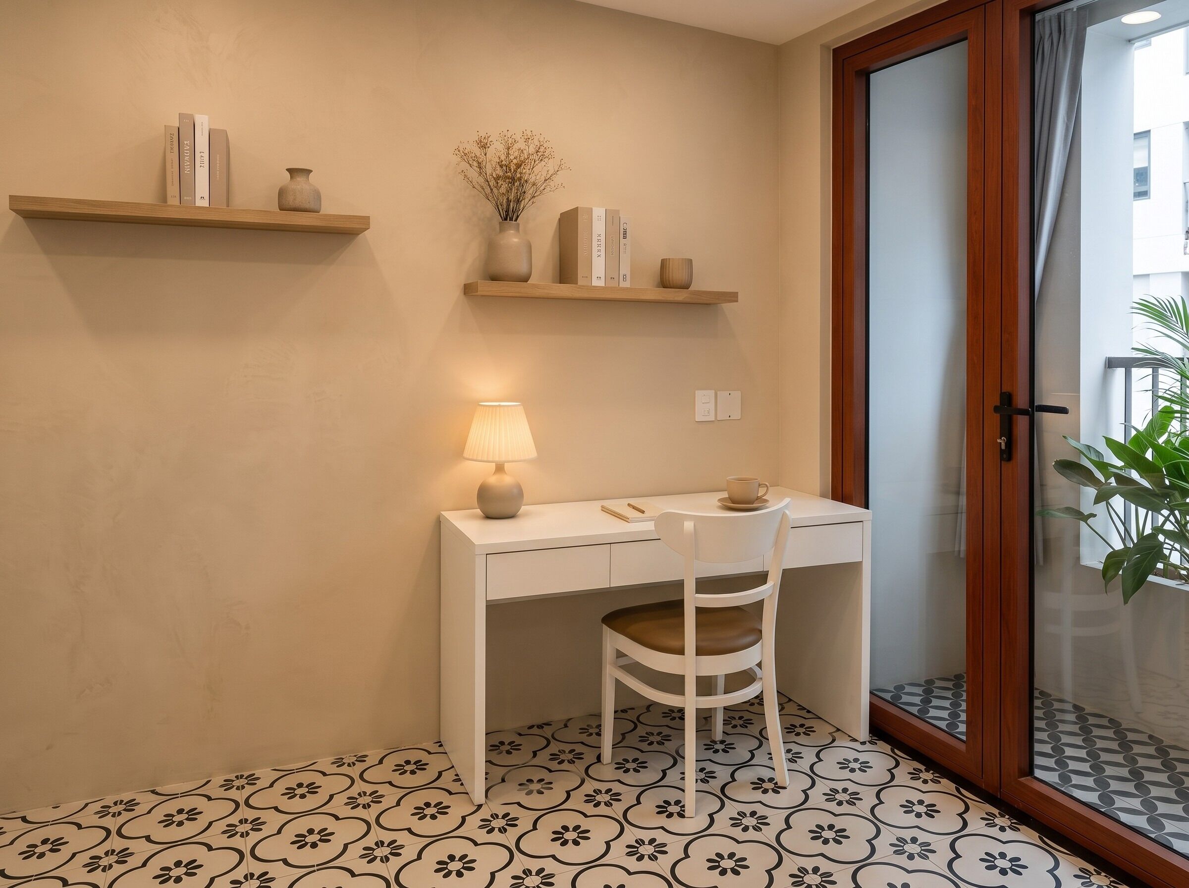A small, neatly organized room with a white desk, chair, and a lamp. There are two shelves above the desk holding books and decorative items. The floor has a patterned tile design.
