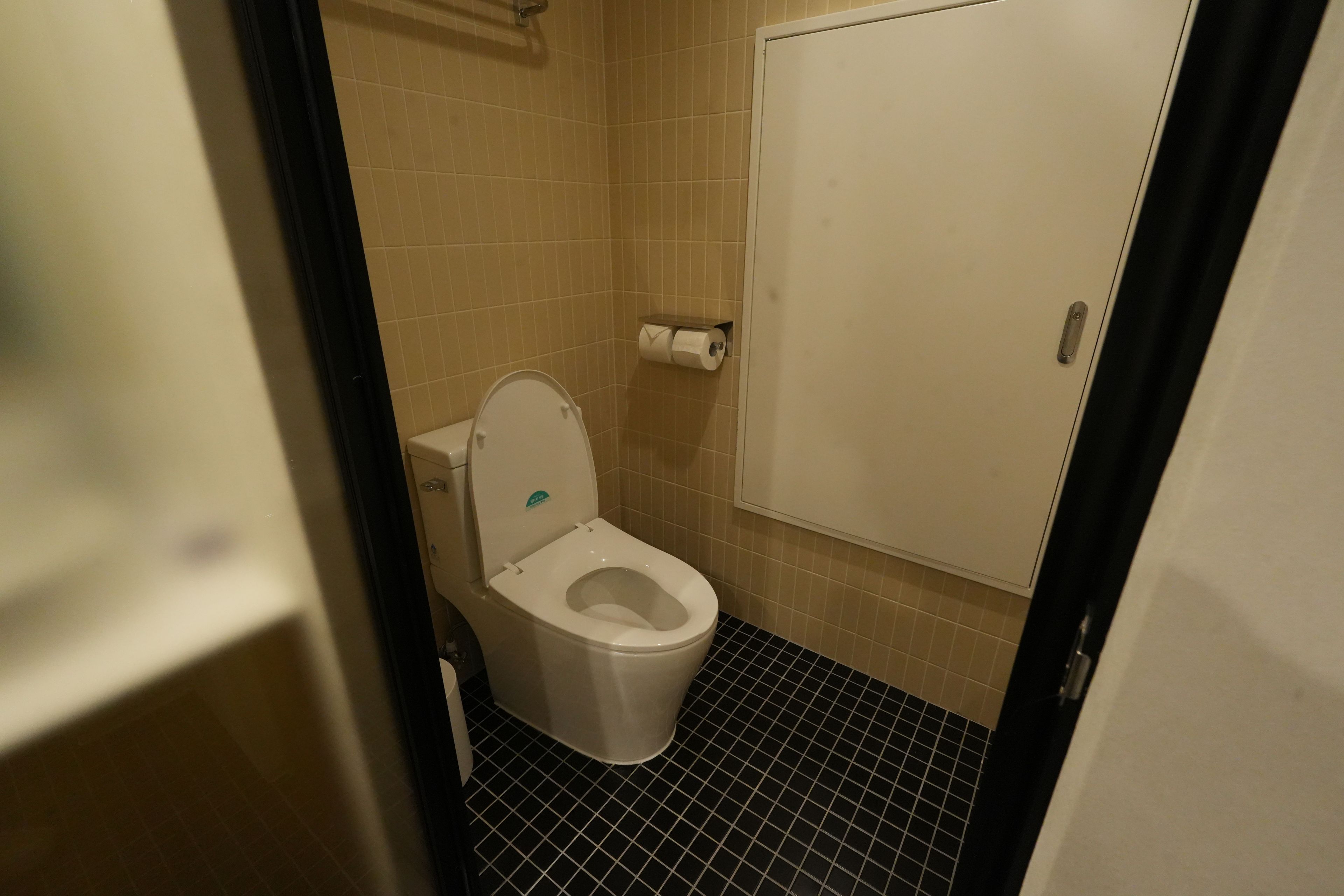 A standard bathroom with a toilet, a roll of toilet paper, and a shower stall.