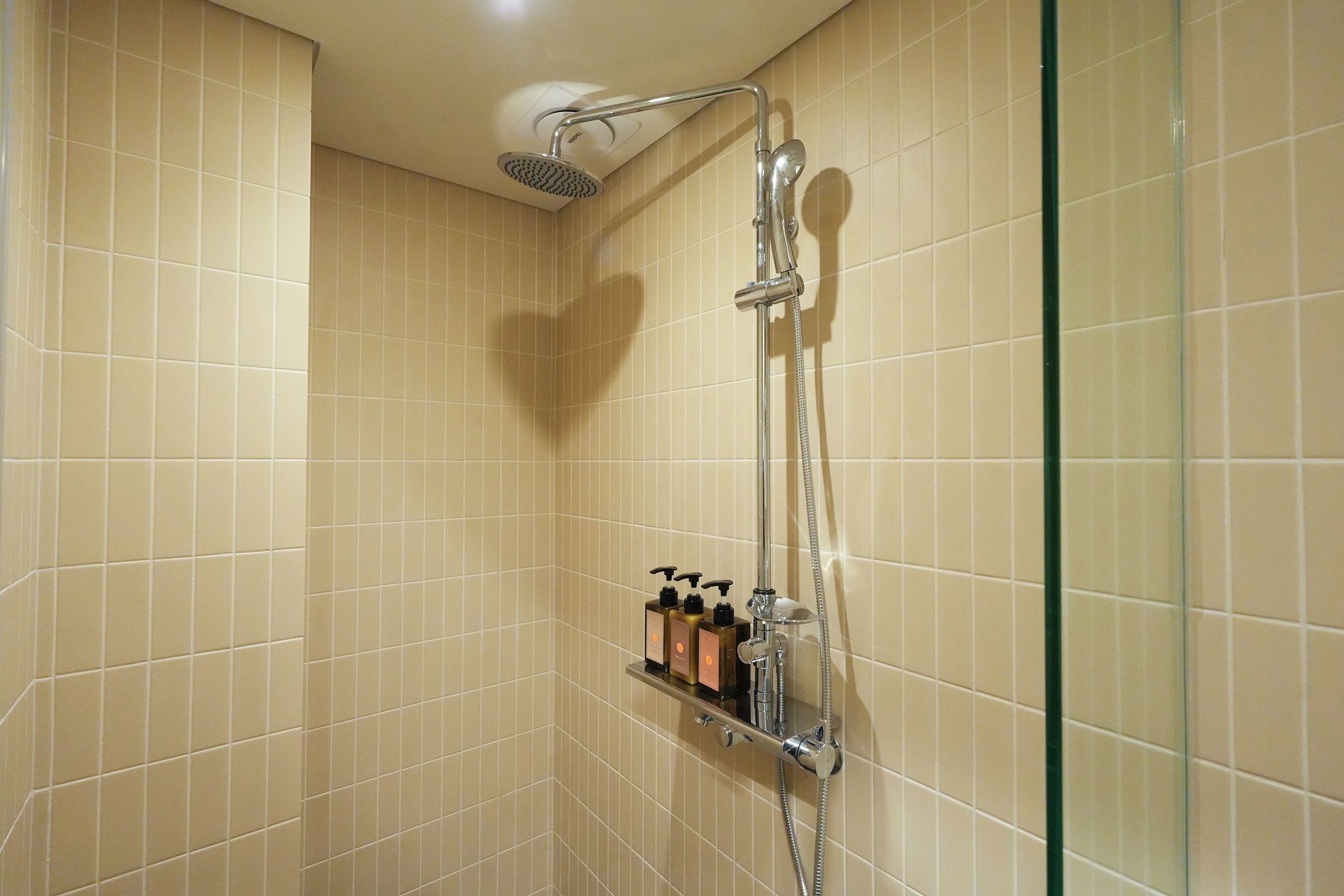 Ducha con cabezal de ducha de mano, grifo empotrado en la pared y dispensador de jabón en un estante.