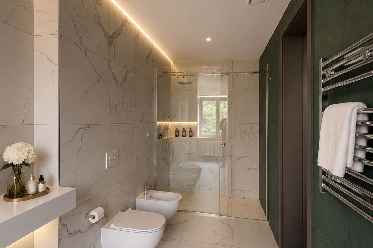 A modern bathroom with a marble floor, a glass-enclosed shower, and a towel rack.