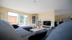 A modern living room with a grey sofa, a coffee table, and a TV.