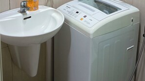 A bathroom with a white sink, a mirror, a green curtain, a white washing machine, and a hanging plant. - Enjoyable 1-bedroom condo with AC in Pasay City (Pasay City)