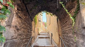 Un escalier en pierre avec des rampes métalliques, menant à une galerie couverte surmontée de verdure.