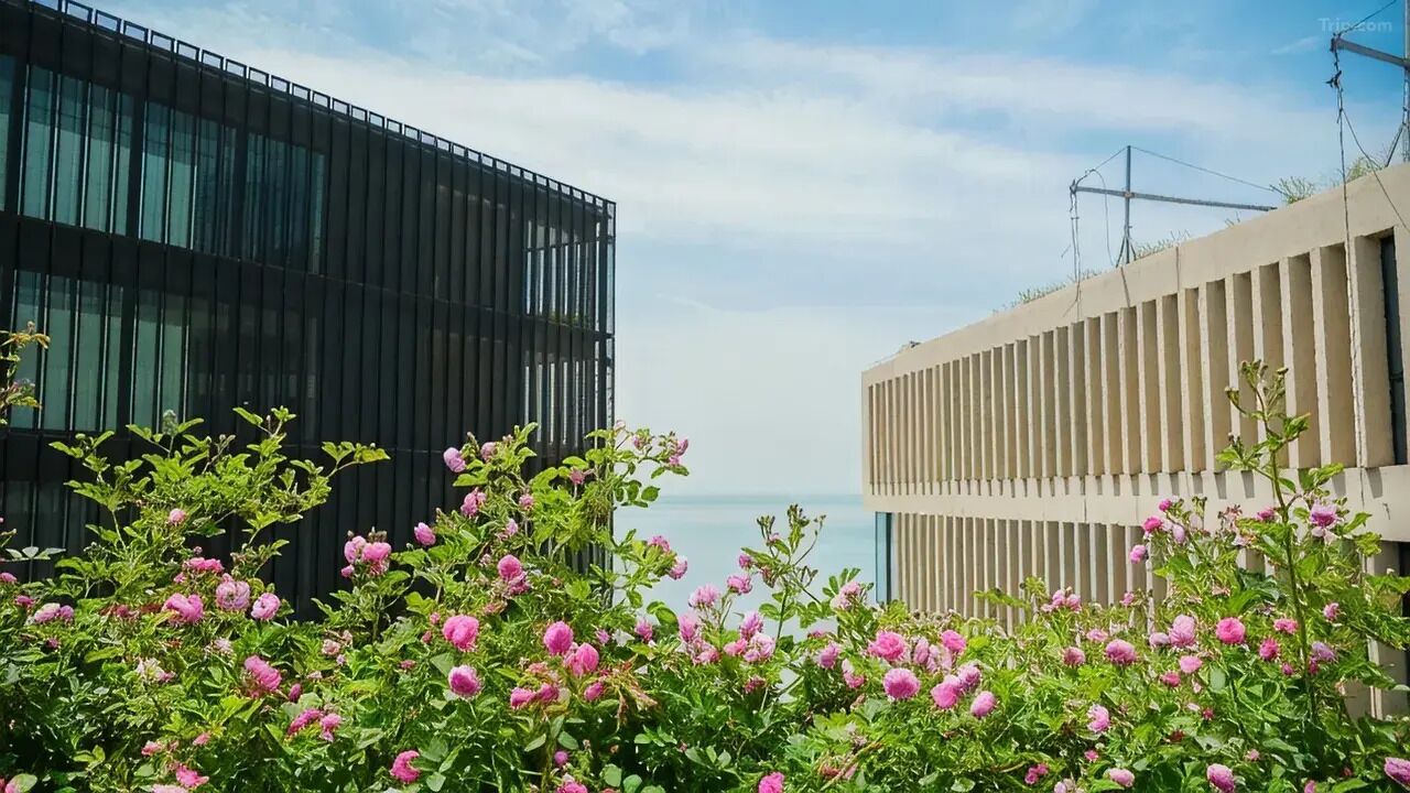 A modern building with a glass facade and a beige structure with vertical slats in the background.