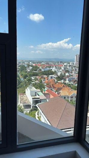 Vista desde una ventana sobre un paisaje urbano con edificios y un río.