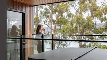 A modern interior with a glass balcony overlooking a natural landscape.