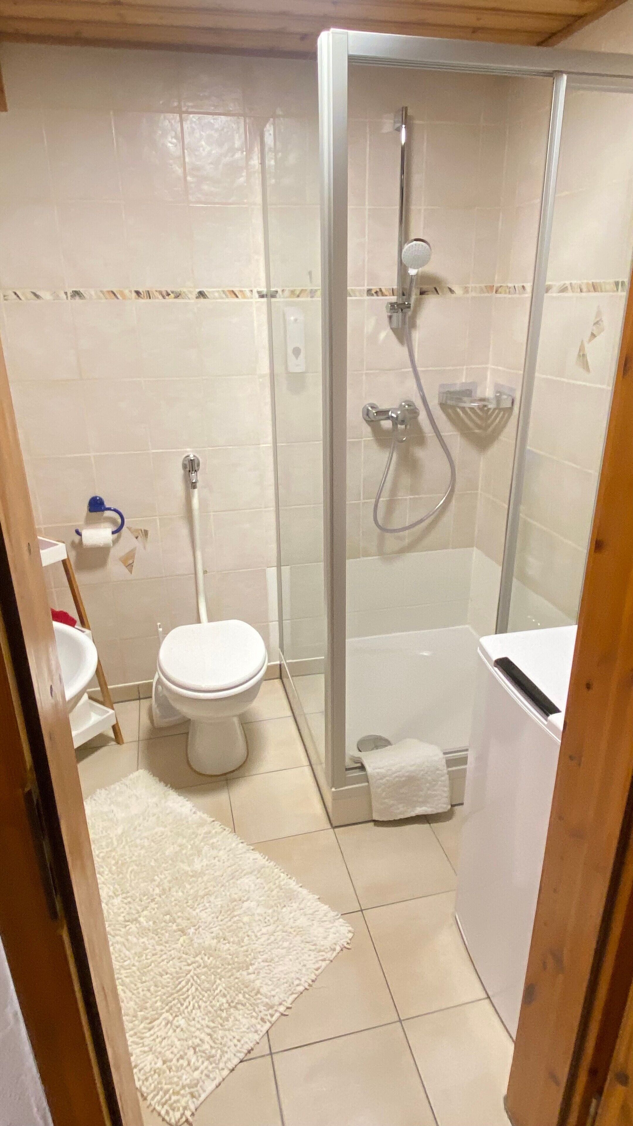 Une salle de bain comprenant des toilettes, un espace douche et un lavabo.