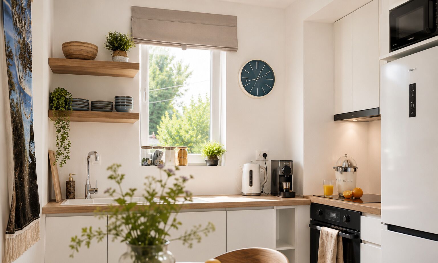 Coffee/tea maker, fridge, microwave, oven