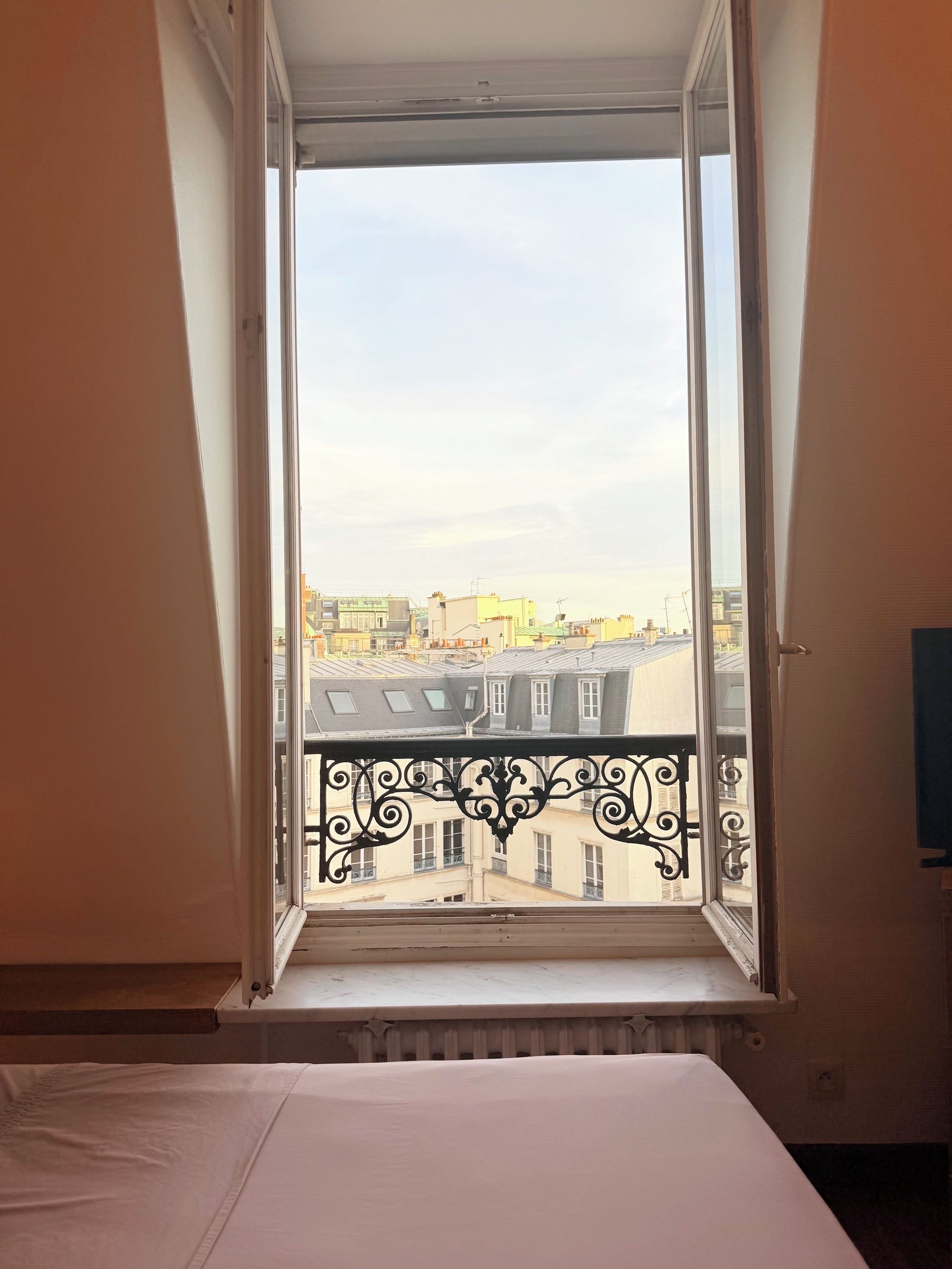 A room with a bed, a window with a view of buildings, and a radiator.