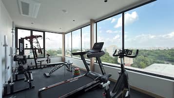 A gym with a treadmill, elliptical, and weight machines, large windows with a city view.