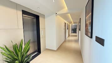 A modern hallway with a light-colored floor, a potted plant, and a framed picture on the wall.