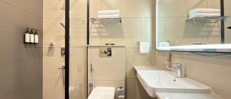 A modern bathroom with a glass-enclosed shower, a white toilet, and a large mirror above a white sink.