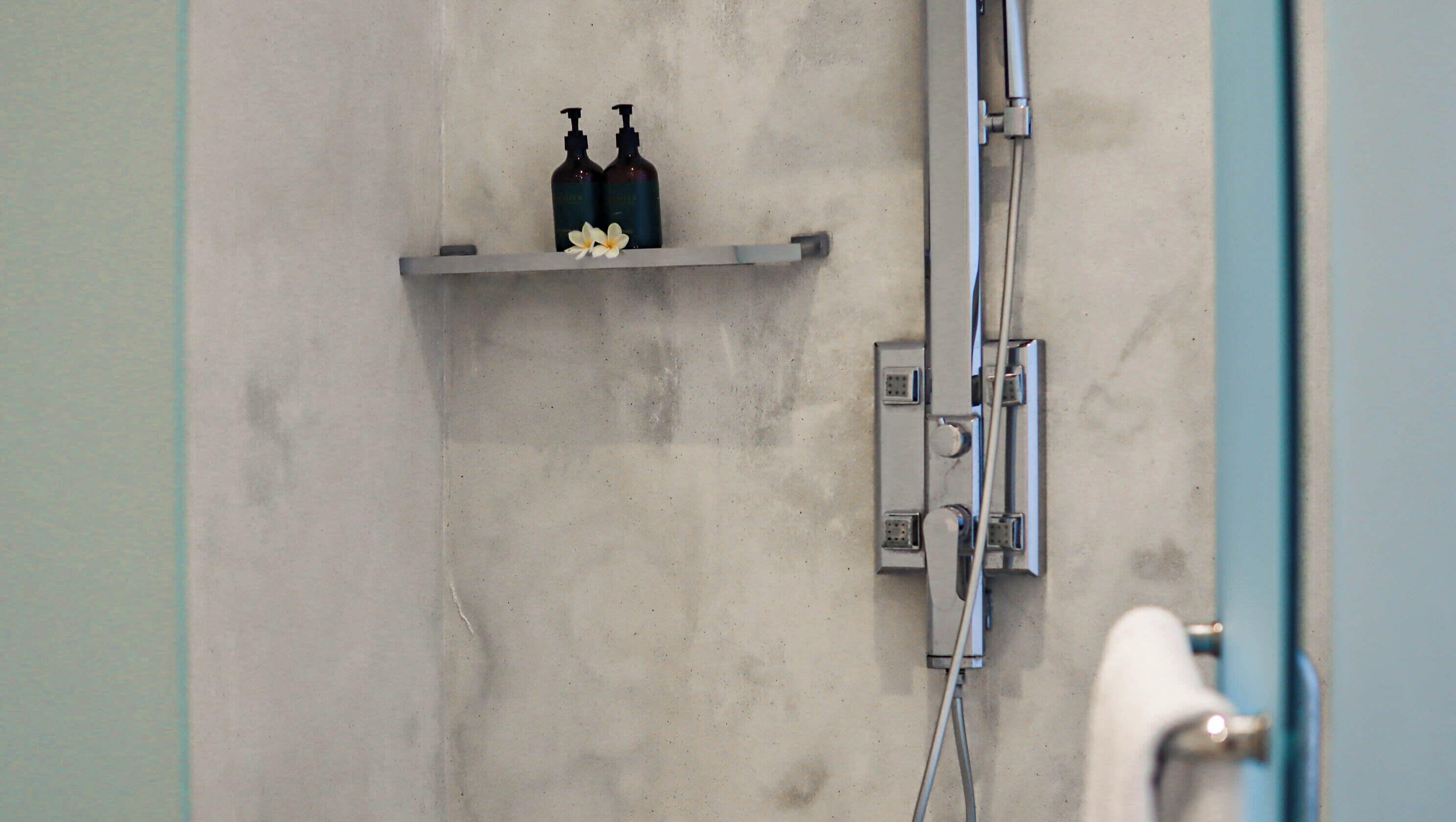 Une salle de bain avec une douche, un porte-serviettes et une étagère sur laquelle sont posées deux bouteilles.