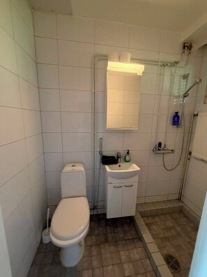 Een douche, een bidet, handdoeken, zeep