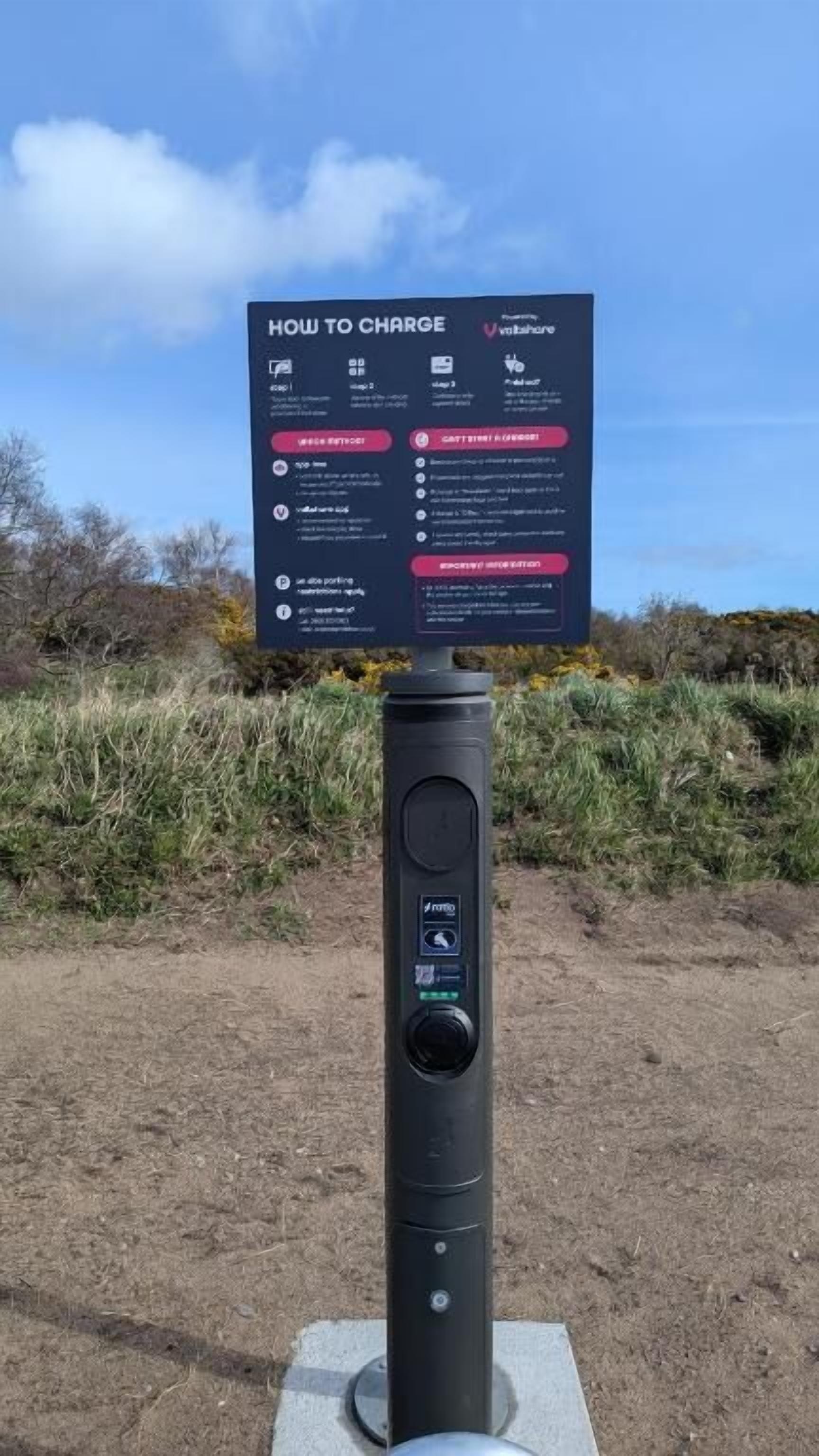 A charging station with a sign detailing the charging process.