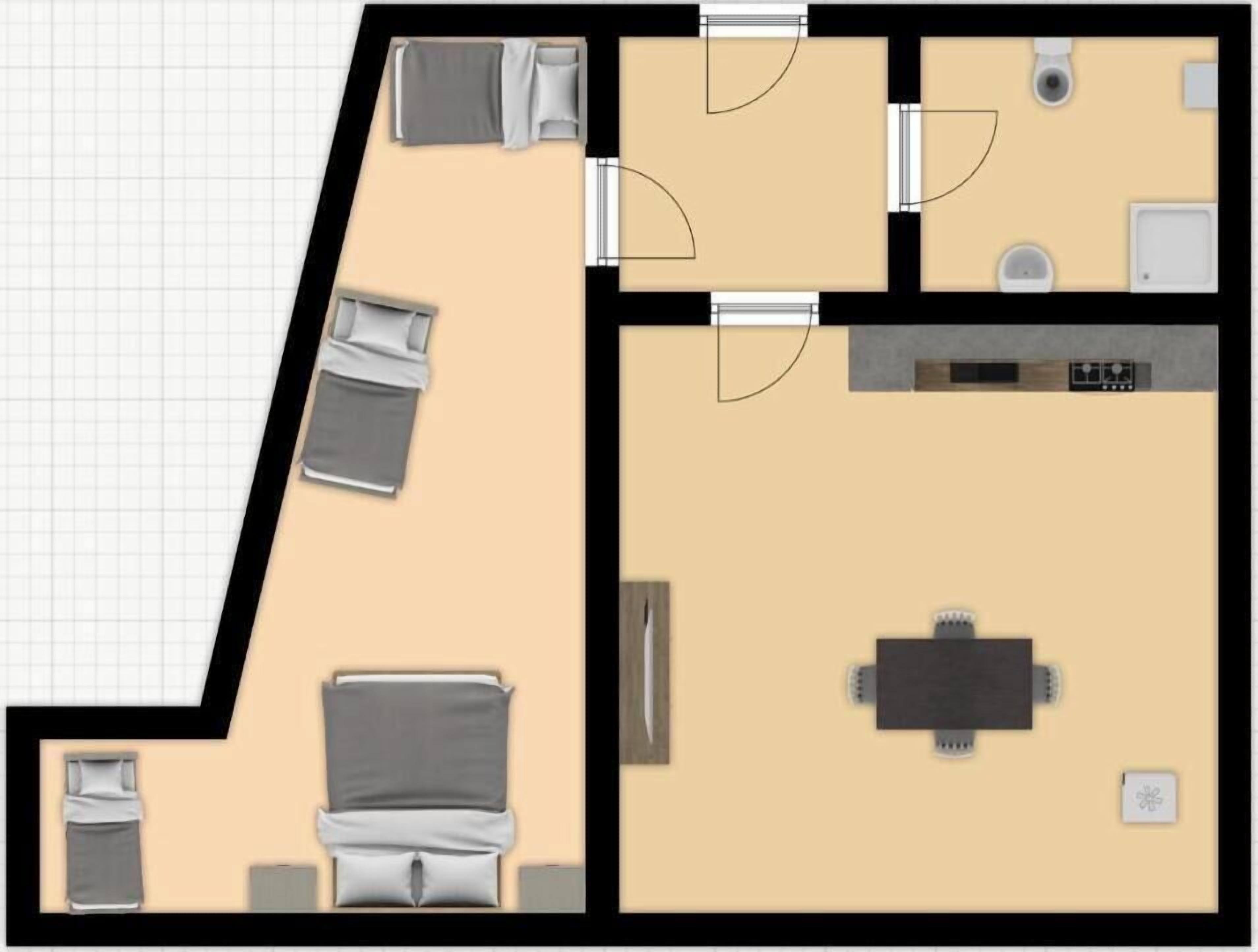 Un plan d’aménagement d’une chambre d’hôtel comprenant un lit, un bureau, une chaise et une salle de bain.