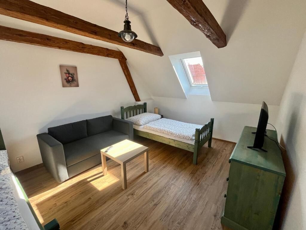 A loft-style room with a wooden ceiling, a sofa, a bed, a small table, and a TV stand.
