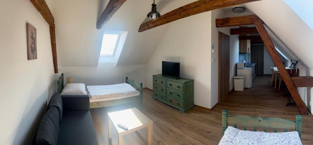 Une chambre de style « loft » avec un lit en mezzanine, un canapé, une commode et un téléviseur.