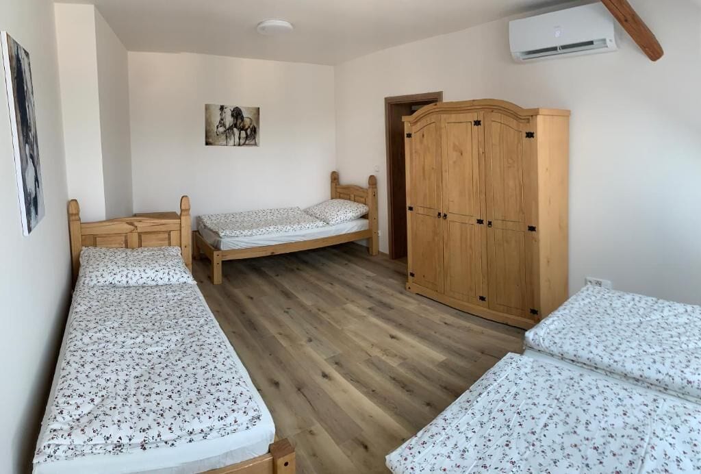 A room with two single beds, a wooden wardrobe, and an air conditioning unit.