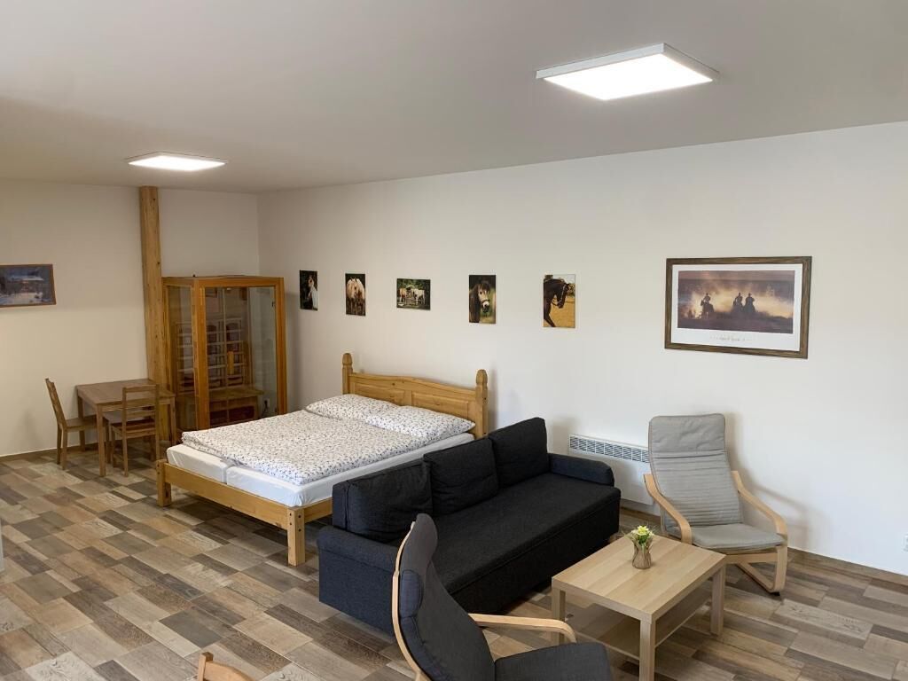 Una habitación con cama, sofá, sillón, una mesita y un armario.