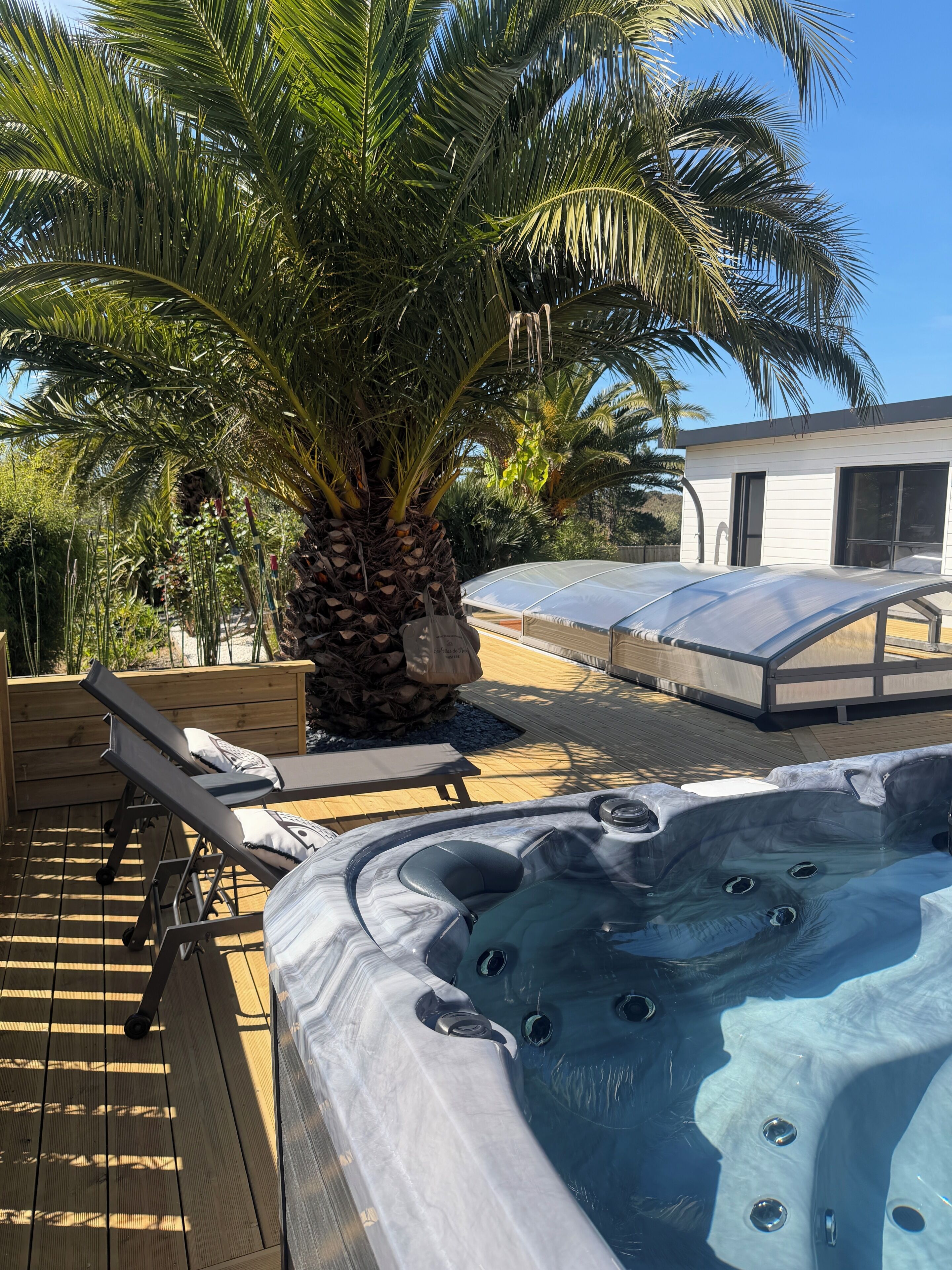 Una terraza de madera con un jacuzzi, sillas de descanso y una palmera.