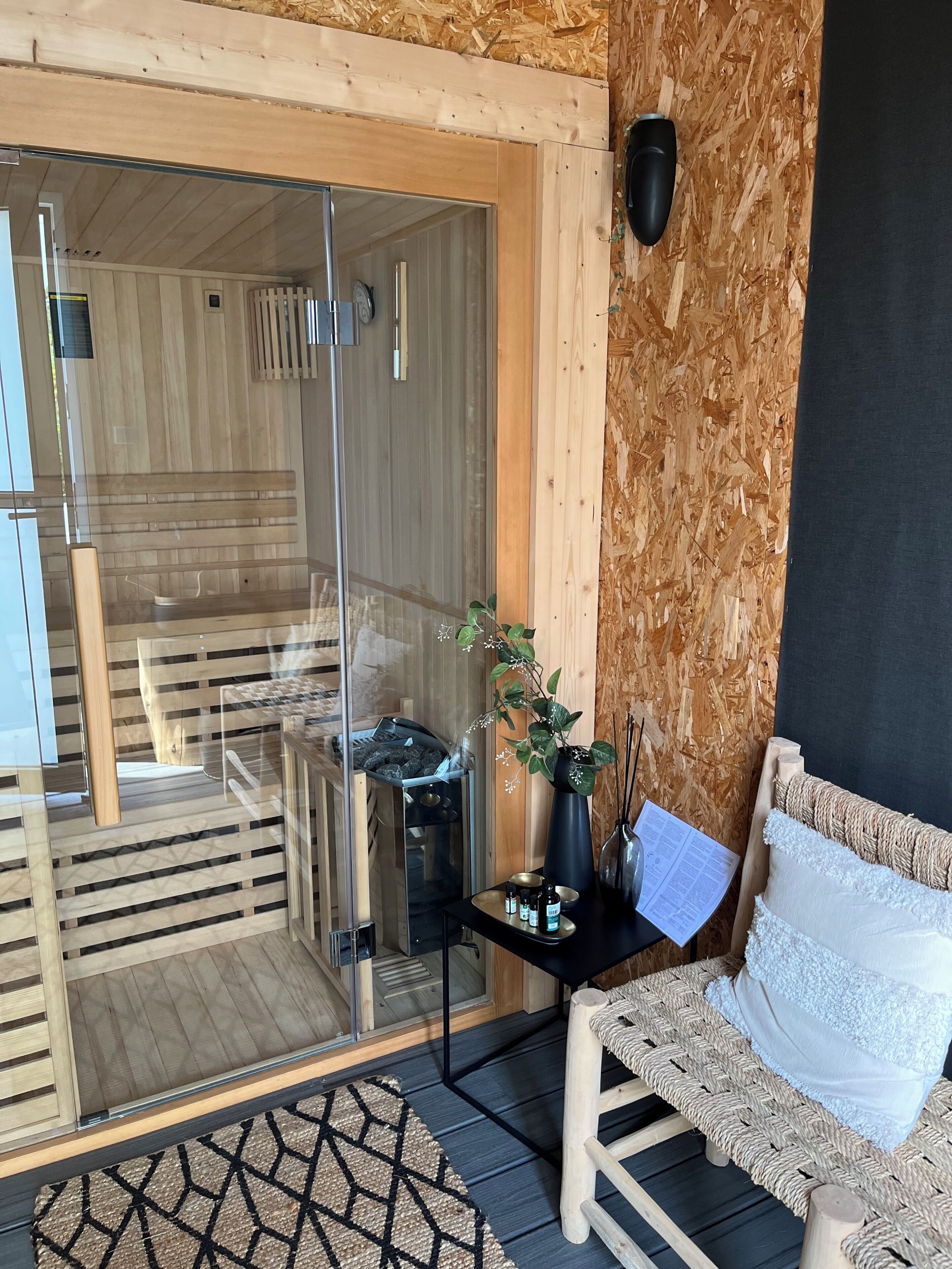 A modern room with a glass door leading to a wooden deck, a small table with a plant, and a sofa with a woven cushion.
