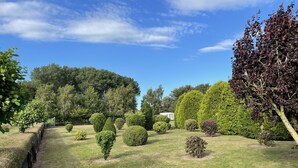 Um jardim bem cuidado, com arbustos de diferentes formatos e um céu limpo.