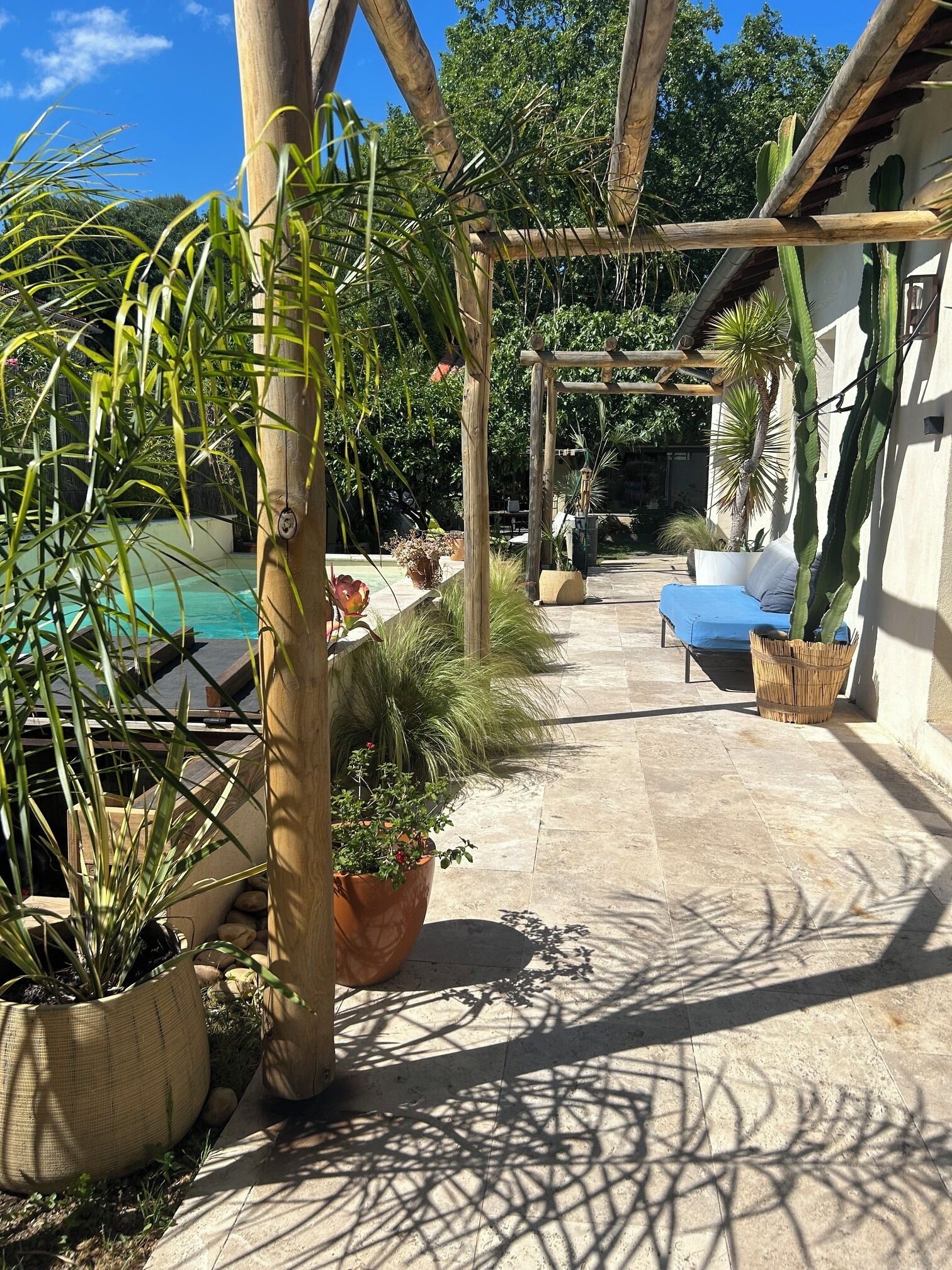 A pool area with a pergola, potted plants, and a lounge chair.