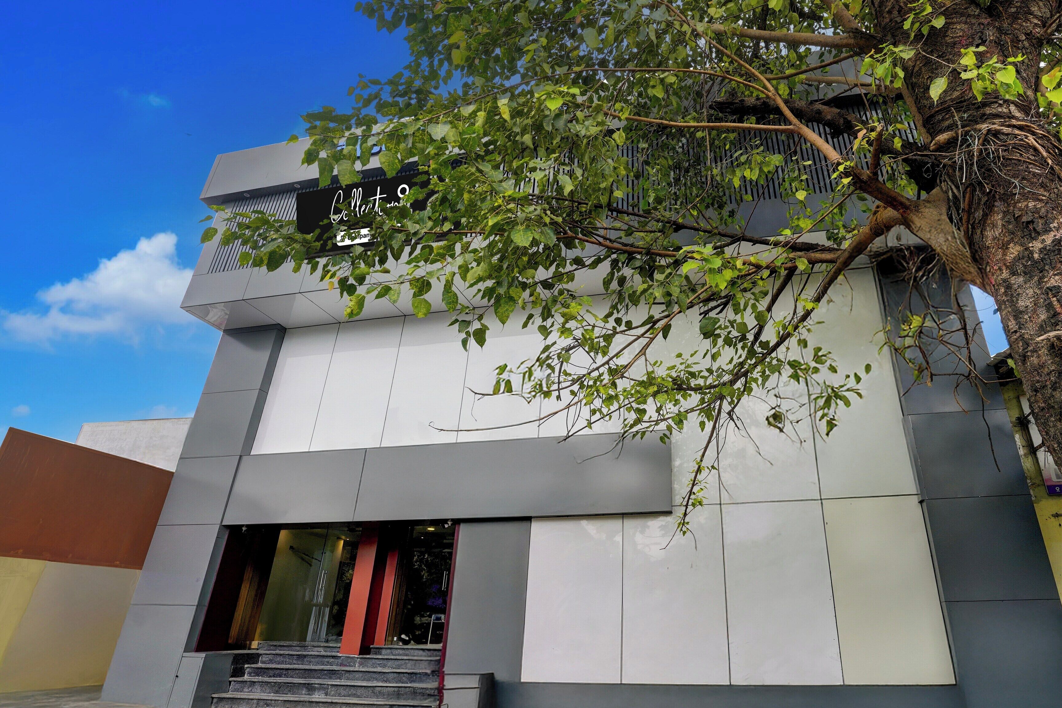 A modern building with a large tree in front, a sign above the entrance, and a staircase leading to the entrance.