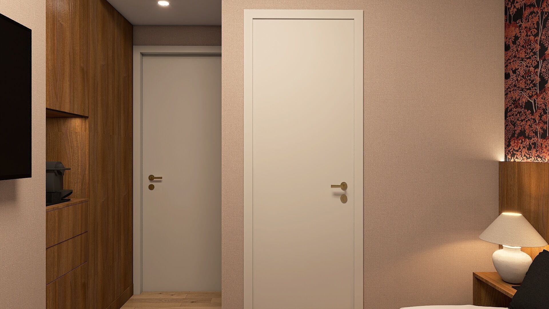 A hotel room with a wooden wardrobe, a flat-screen TV, a bed with a white headboard, and a wall-mounted lamp.