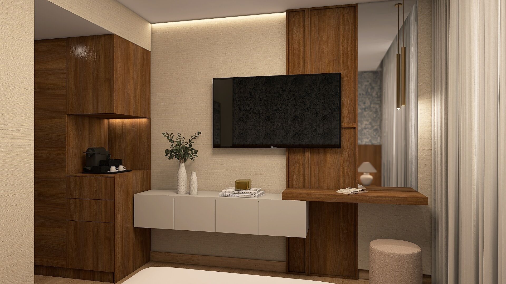Un baño moderno con tocador de madera, televisor montado y una mesita de noche.