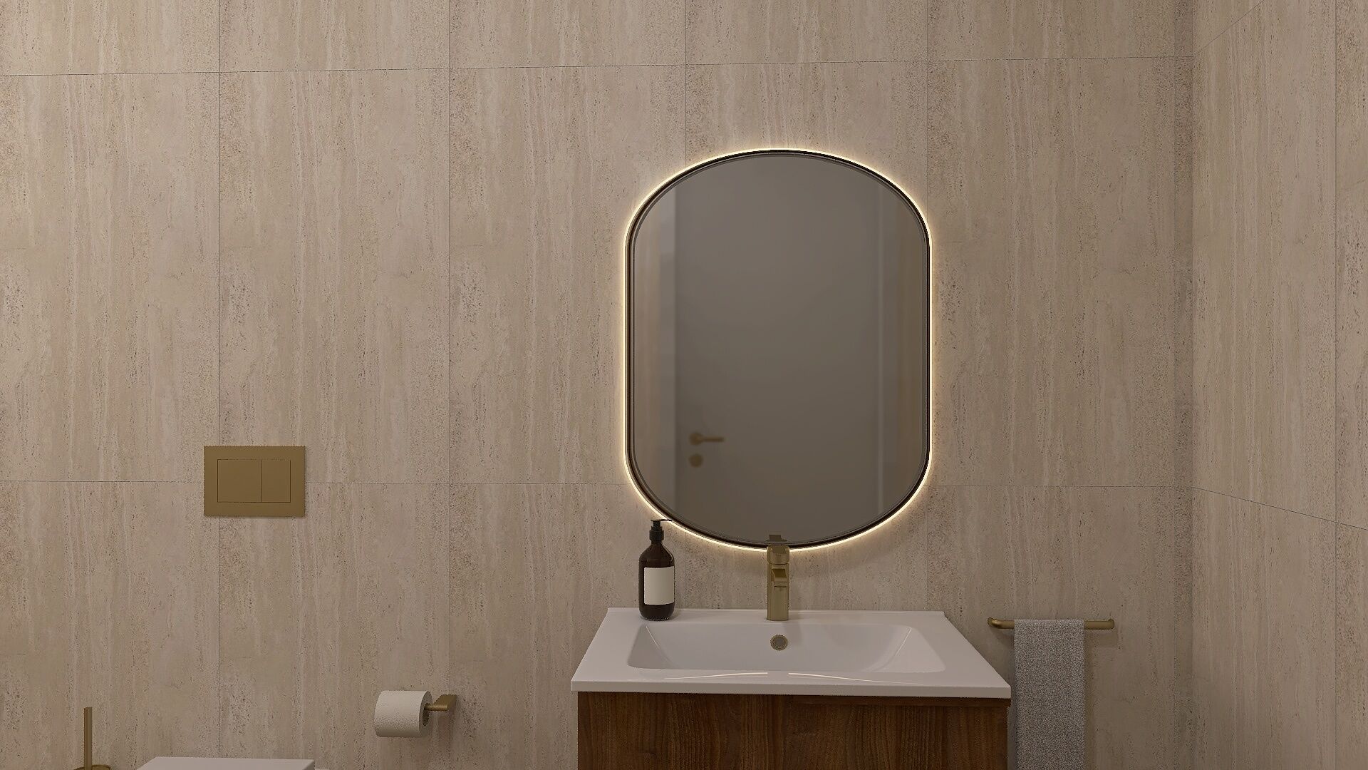 Un baño con un lavabo rectangular, un espejo con marco iluminado, un perchero para toallas y un dispensador de papel higiénico.