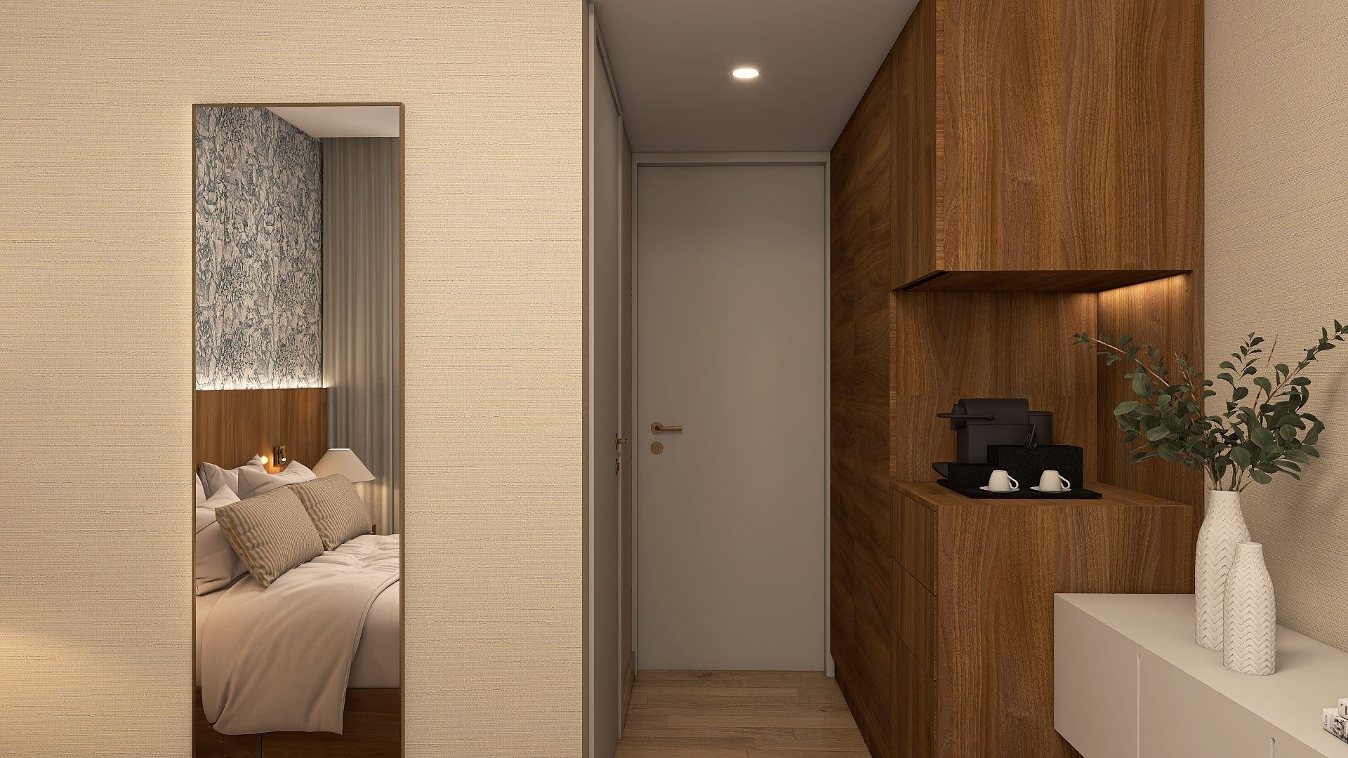 Ein Hotelzimmer mit Bett, Nachttisch und einer an der Wand befestigten Ablage mit Kaffeemaschine und Tassen.