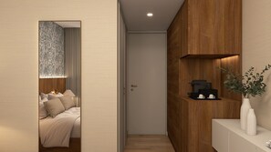 A hotel room with a bed, bedside table, and a wall-mounted shelf with a coffee machine and cups. - Feel Sintra (Sintra)