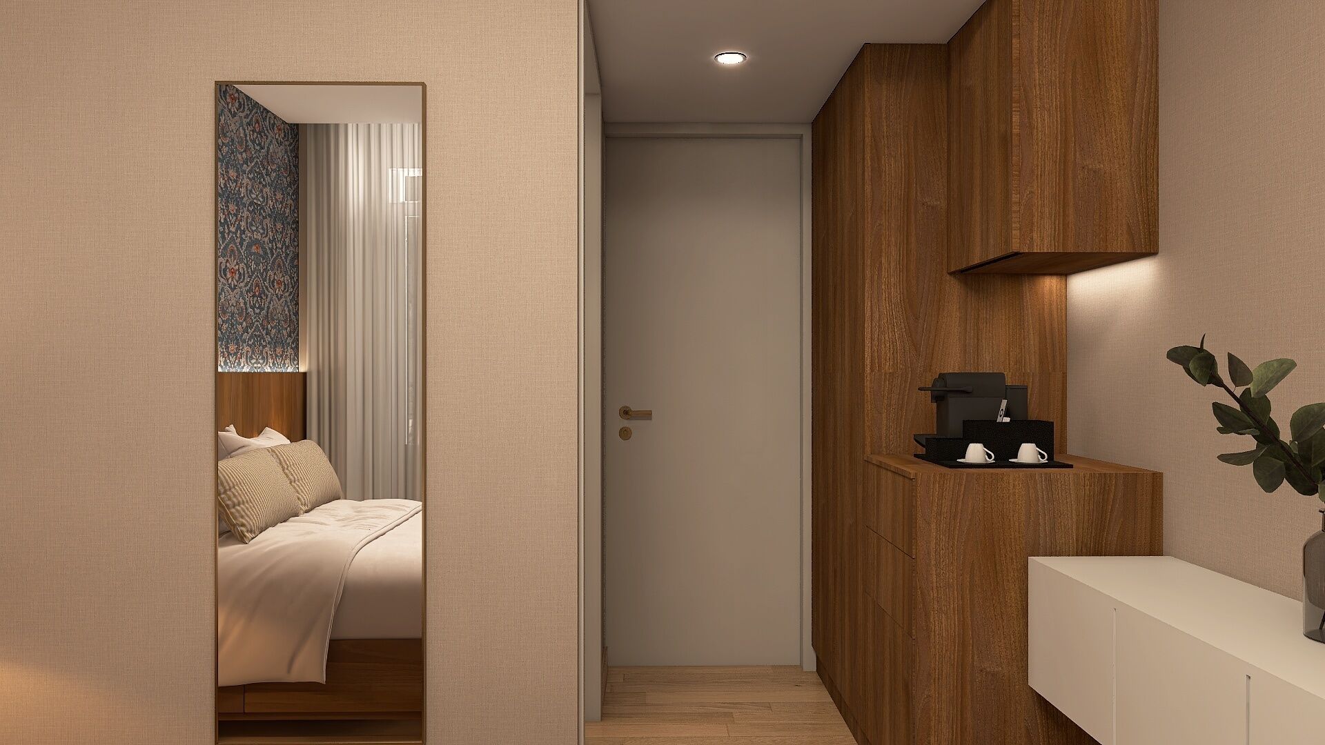 Quarto de hotel com cama, mesa de cabeceira, máquina de café e uma planta.