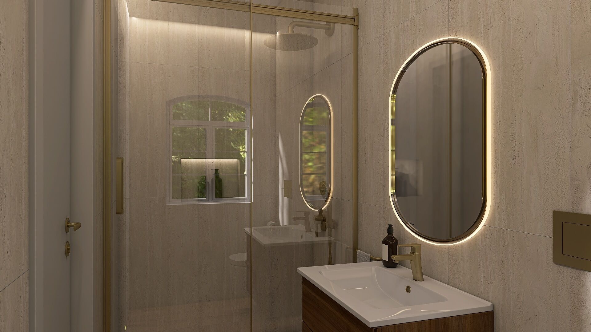 Un baño moderno con cabina de ducha de vidrio, tocador con espejo y ventana.