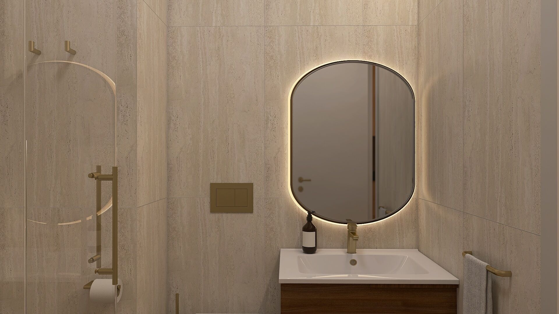 Un baño con un espejo grande, un lavamanos y un perchero para toallas.