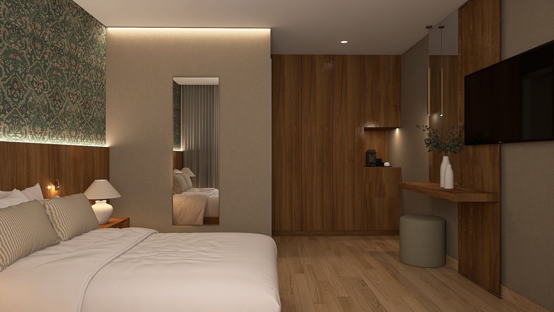 Quarto de hotel moderno com cama, luminárias laterais, televisão e uma pequena planta.