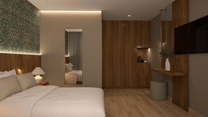 Una habitación de hotel moderna con una cama, lámparas de noche, televisión y una planta pequeña.