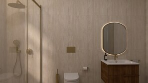 Un bagno moderno con box doccia in vetro, un mobile vanitario in legno e uno specchio grande.