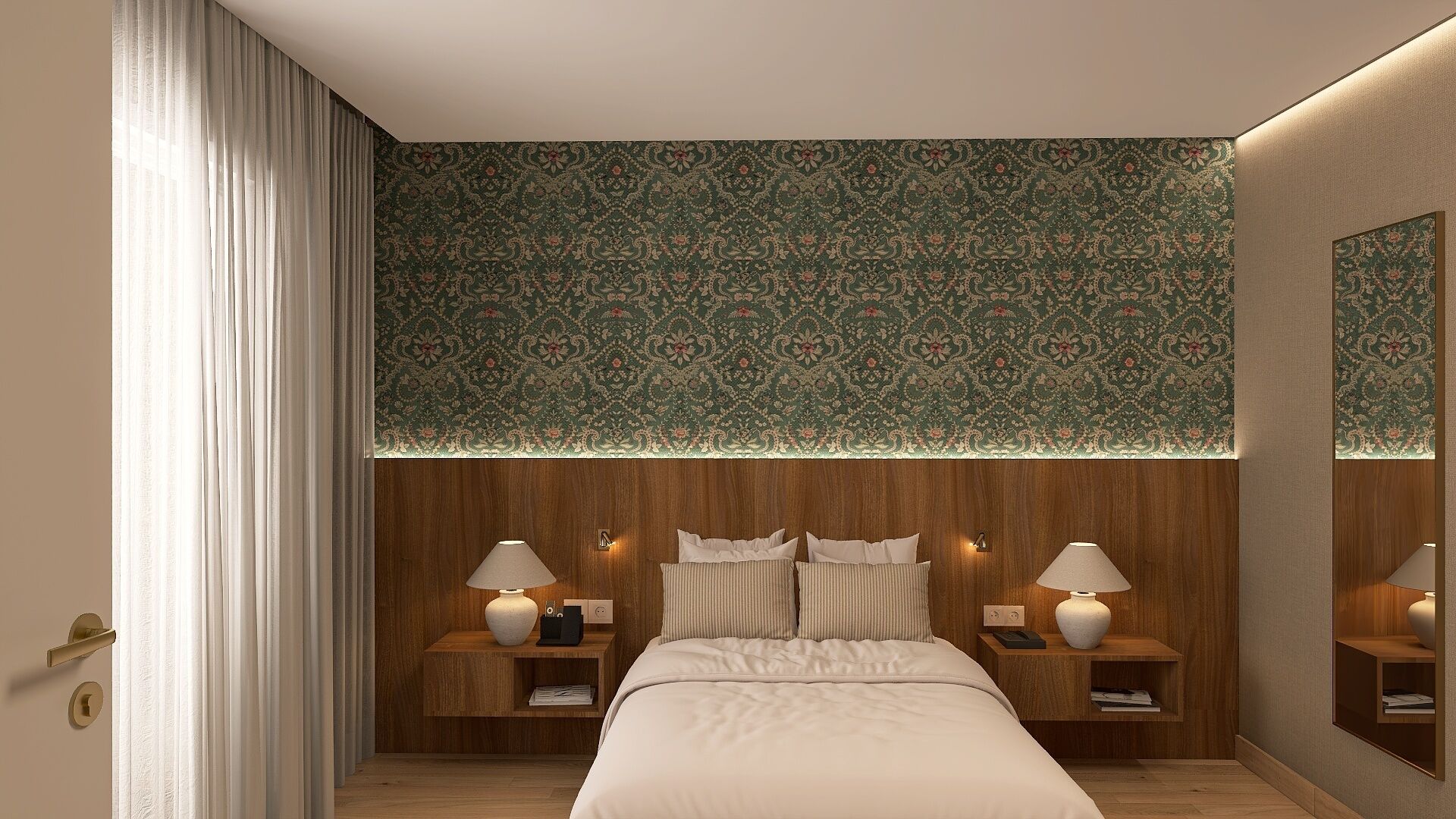 Une chambre à coucher avec un grand lit, deux tables de chevet avec des lampes, une tête de lit en bois et un papier peint à motifs.