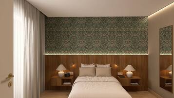A bedroom with a large bed, two bedside tables with lamps, a wooden headboard, and a patterned wallpaper.