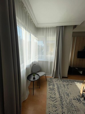 A modern living room with a grey sofa, a small round table with a plant, and a patterned rug. - Cozy 1-bedroom flat in near Old Town with AC and balcony (Antalya)