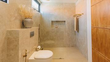 Shower, hair dryer, bidet, towels