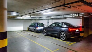 Eine Parkgarage, in der zwei Autos in benachbarten Stellplätzen geparkt sind.