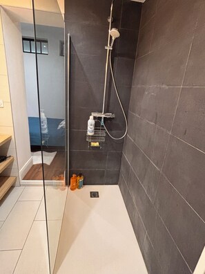 A modern bathroom with a glass shower enclosure, dark tiled walls, and a visible bottle of shampoo on the floor.