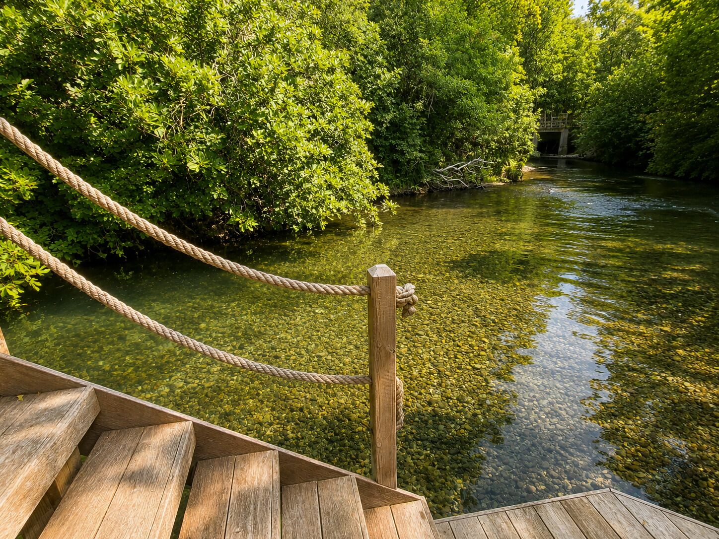 Eine Holzterrasse mit Seilgeländer mit Blick auf einen Fluss.